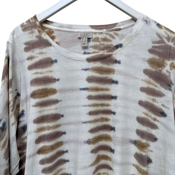 LOGO Lori Goldstein Tunic Tee Plus Size 1X Tan Boho Tie Dye Pockets Womens Top - Picture 2 of 10